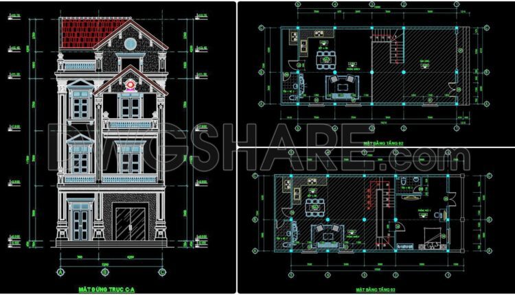 382. Download CAD Design Drawings for a 4-Story House with Dimensions 7.2m x 15m