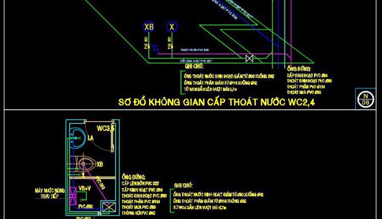 95. CAD drawings detailing the design of water supply and drainage systems for a 3-story townhouse