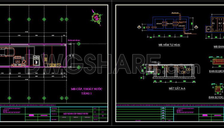 96. CAD drawings detailing the design of water supply and drainage systems for a 4-story townhouse