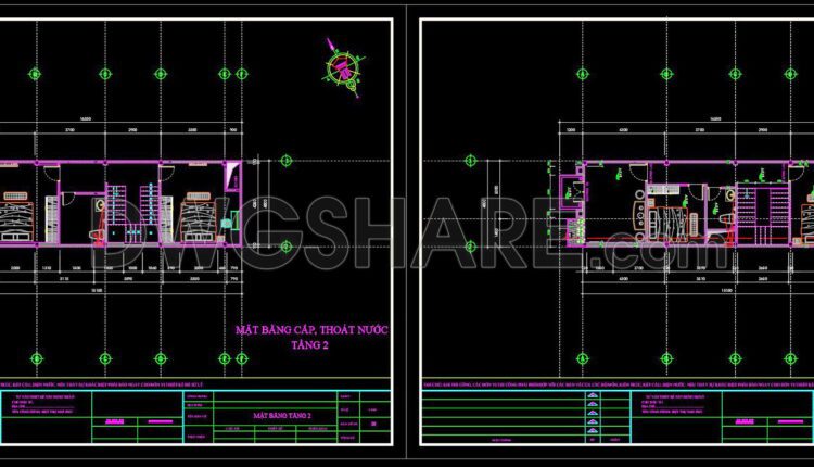 96. CAD drawings detailing the design of water supply and drainage systems for a 4-story townhouse