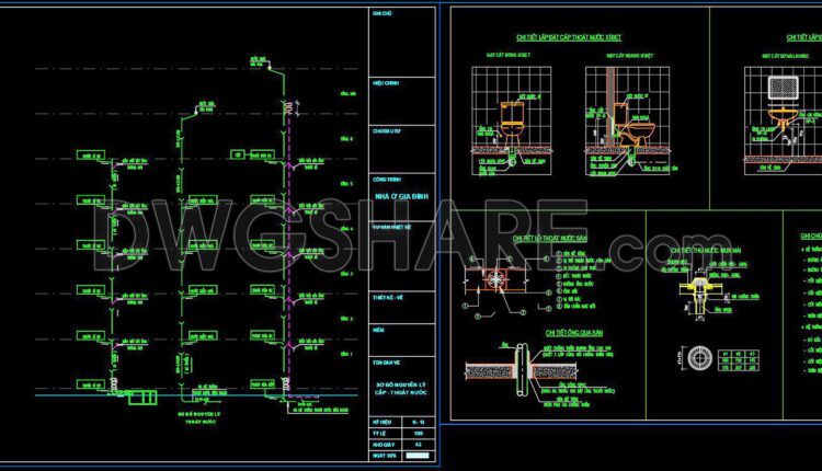 105. CAD drawings detailing the design of water supply and drainage systems for a 6-story townhouse