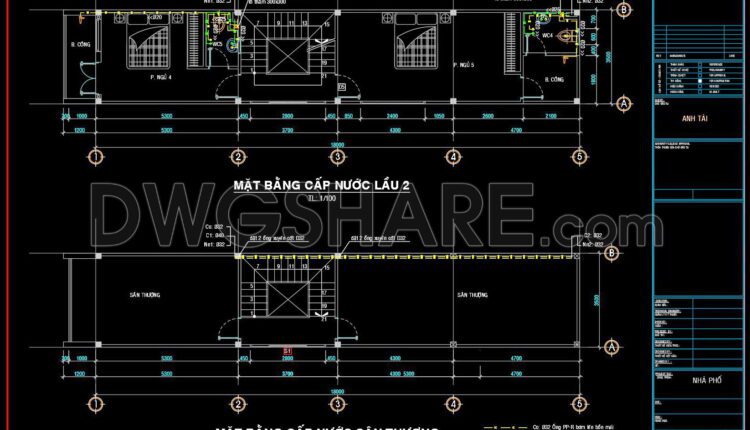 106. CAD drawings detailing the design of water supply and drainage systems for a 3-story townhouse