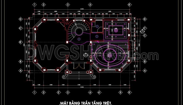 136. Detailed CAD drawings for the ceiling layout design of a 3-story townhouse