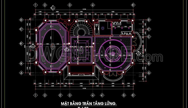 136. Detailed CAD drawings for the ceiling layout design of a 3-story townhouse