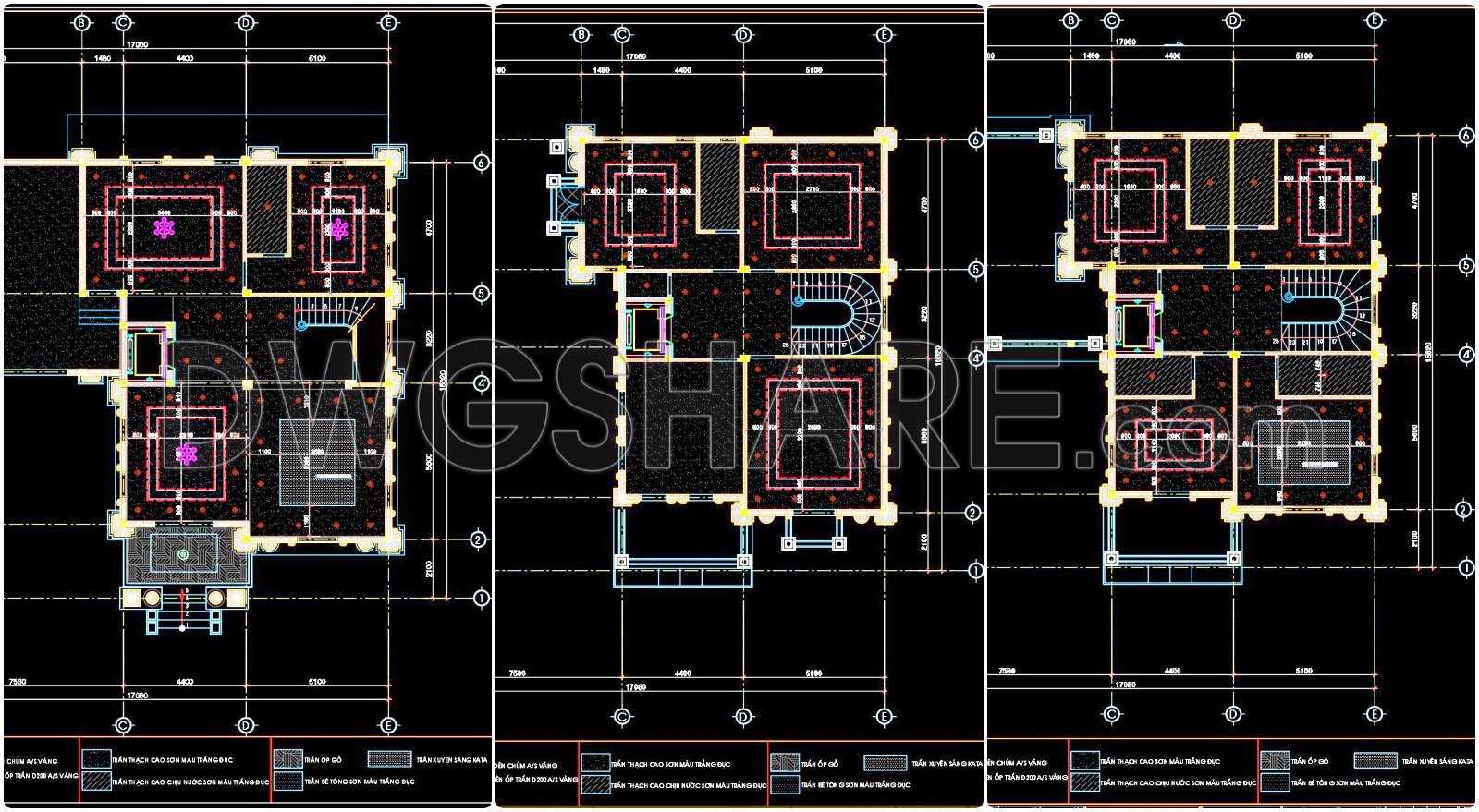 138. Detailed CAD drawings for the ceiling layout design of a 3-story townhouse