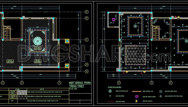 141. Detailed CAD drawings for the ceiling layout design of a 3-story townhouse