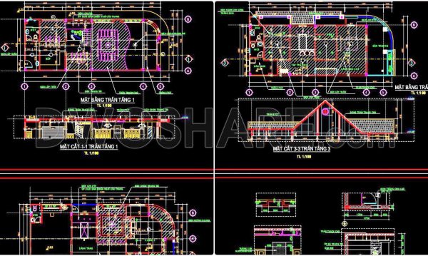 143. Detailed CAD drawings for the ceiling layout design of a 4-story townhouse