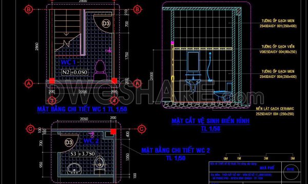 269. Free download of CAD technical drawings for the construction of bathrooms in townhouses