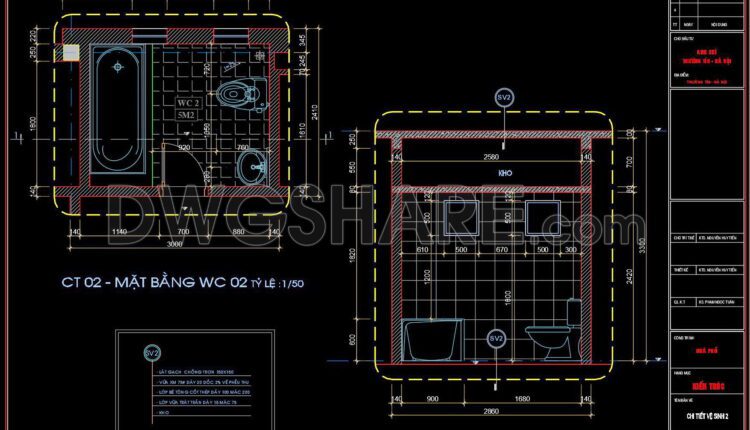 271. Free download of CAD technical drawings for the construction of bathrooms in townhouses