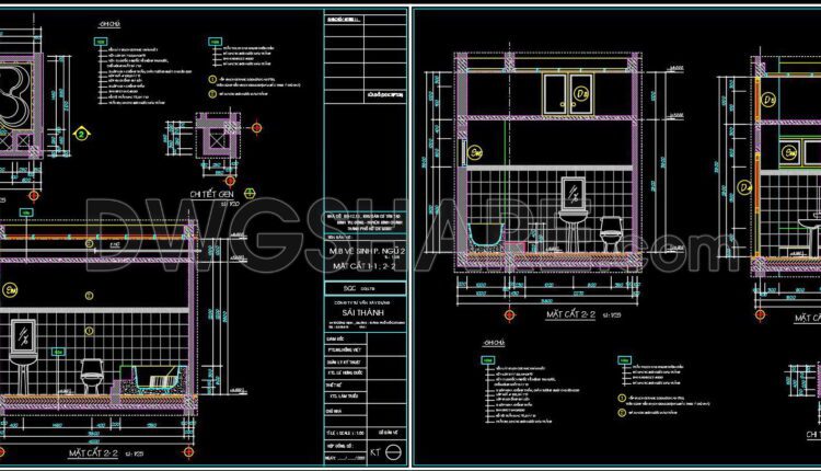 280. Free download of CAD technical drawings for the construction of bathrooms in townhouses
