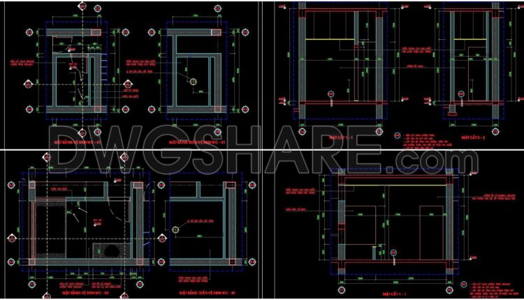 282. Free download of CAD technical drawings for the construction of bathrooms in townhouses