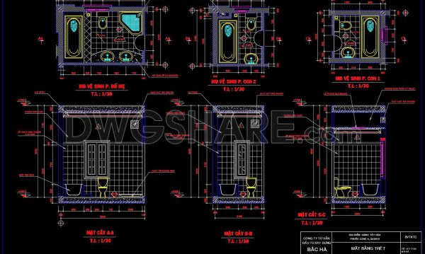 287. Free download of CAD technical drawings for the construction of bathrooms in townhouses