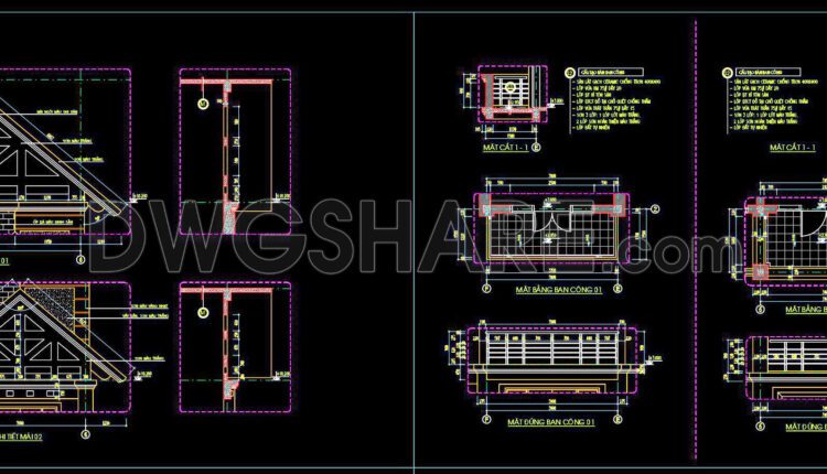 354. Free download of CAD drawings for architectural elevation details of roofs and balcony details for townhouses