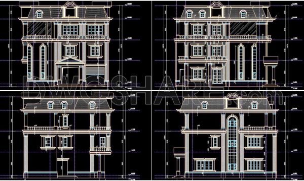 390. Download CAD Design Drawings for a 3-Story House with Dimensions 13.7m x 14.7m