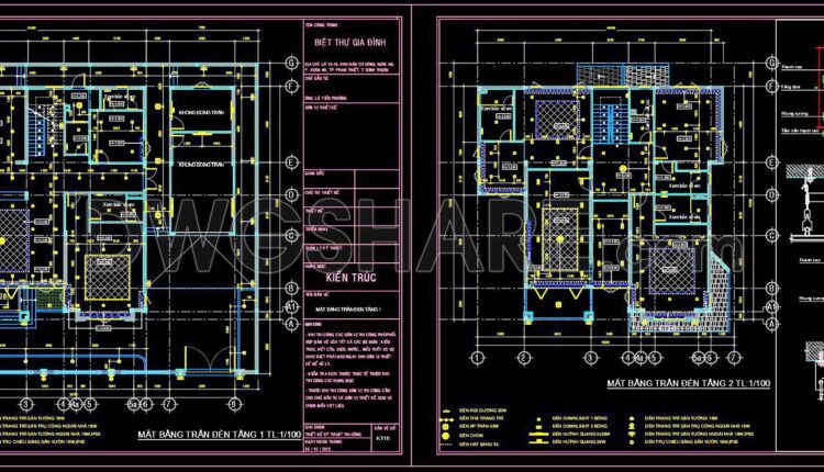 144. Detailed CAD drawings for the ceiling layout design of a 2-story townhouse
