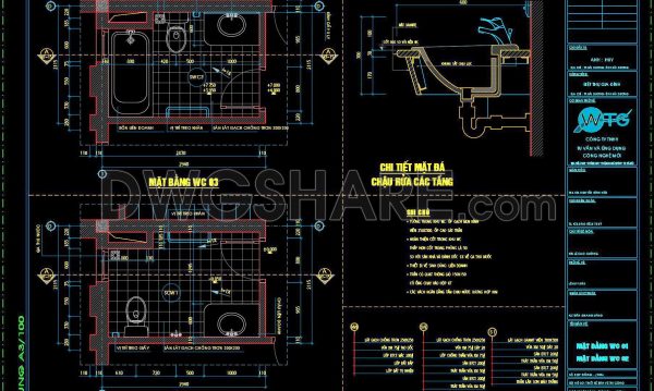 288. Free download of CAD technical drawings for the construction of bathrooms in townhouses
