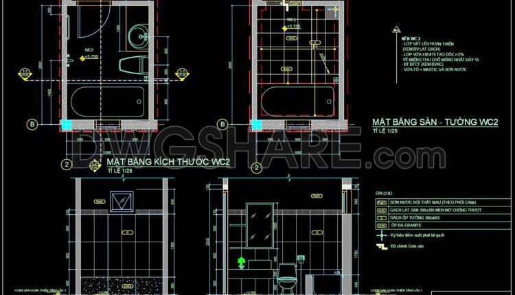 289. Free download of CAD technical drawings for the construction of bathrooms in townhouses