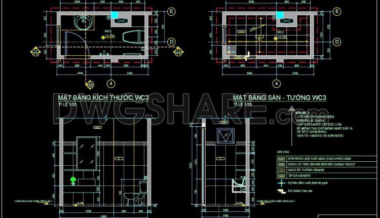 289. Free download of CAD technical drawings for the construction of bathrooms in townhouses