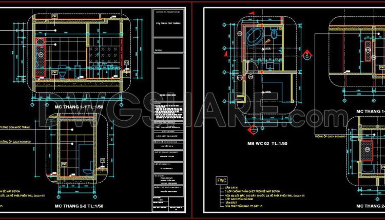 292. Free download of CAD technical drawings for the construction of bathrooms in townhouses