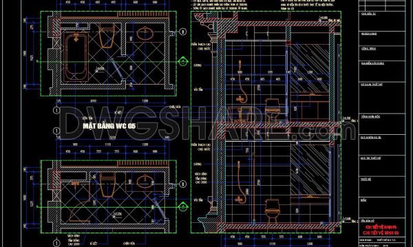 293. Free download of CAD technical drawings for the construction of bathrooms in townhouses