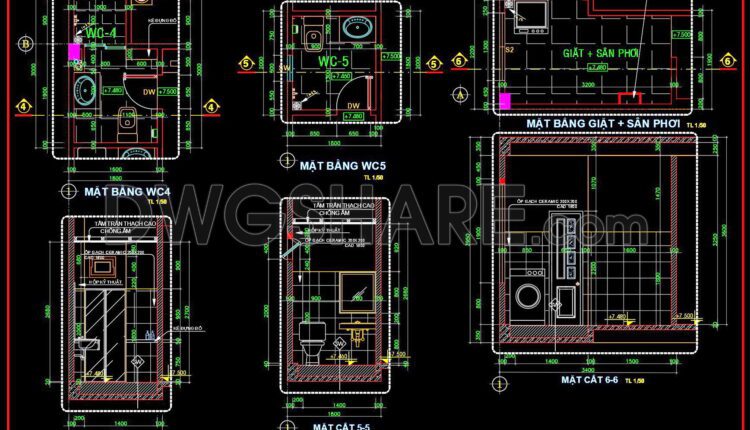 294. Free download of CAD technical drawings for the construction of bathrooms in townhouses