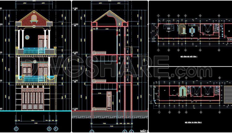 464. Download Cad Design Drawings For A 3-story House With Dimensions 6.1m X 25.8m