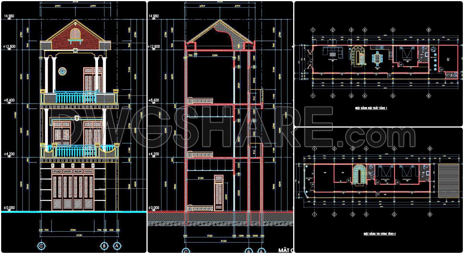 464. Download Cad Design Drawings For A 3-story House With Dimensions 6.1m X 25.8m