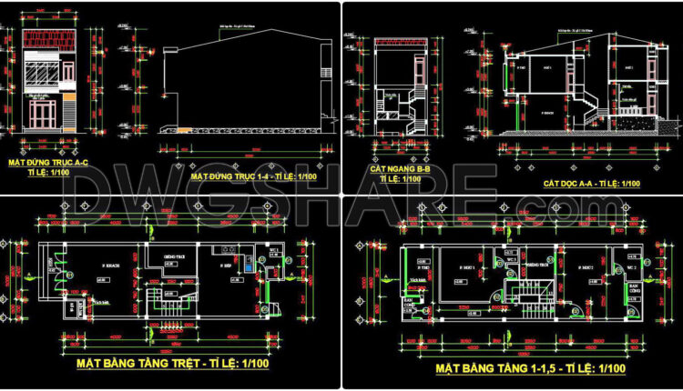 465. Download Cad Design Drawings For A 2-story House With Dimensions 5m X 16m (1)