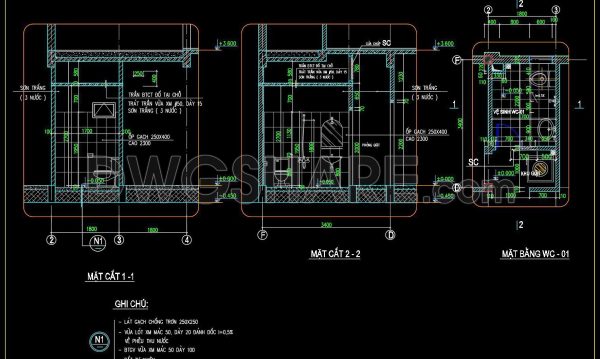 308. Free download of CAD technical drawings for the construction of bathrooms in townhouses