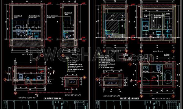 311. Free download of CAD technical drawings for the construction of bathrooms in townhouses