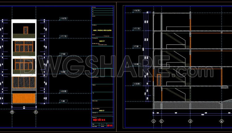 400. Cad Drawings Of The Floor Plan, Elevation, And Cross-sections Of The 6-story House With Dimensions Of 5m X 20m (3)