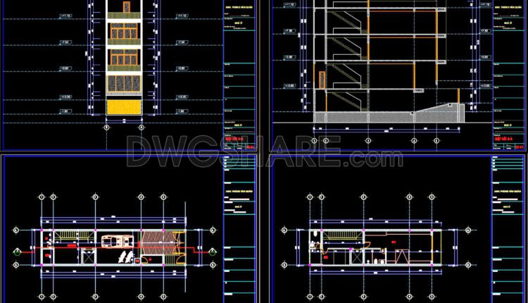 400. Cad Drawings Of The Floor Plan, Elevation, And Cross-sections Of The 6-story House With Dimensions Of 5m X 20m