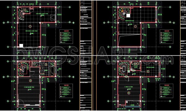 62. Download free detailed CAD drawings of floor plans for a 4-story townhouse