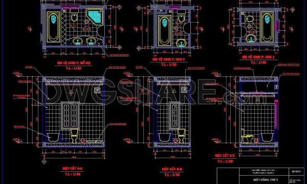 318. Free download of CAD technical drawings for the construction of bathrooms in townhouses