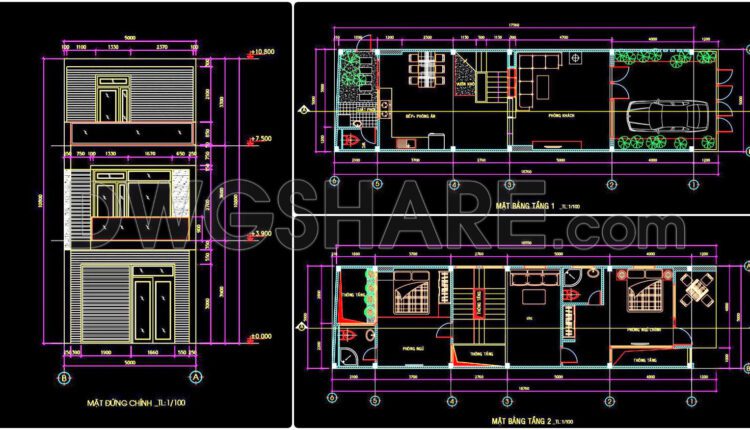 418. Free Download Cad Design Drawings For A 3-story House With Dimensions 5m X 18.5m
