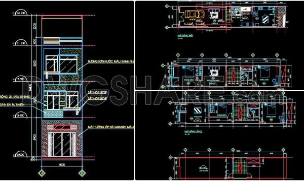 470. Download CAD Design Drawings for a 3-Story House with Dimensions 4m x 20m