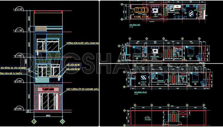 470. Download Cad Design Drawings For A 3-story House With Dimensions 4m X 20m