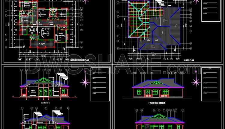 755. Free Download Cad Design Drawings Of A One-story, Four-bedroom House With An 18.3m X 19.5m Floor Plan (1)