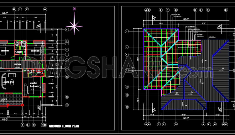 755. Free Download Cad Design Drawings Of A One-story, Four-bedroom House With An 18.3m X 19.5m Floor Plan (2)
