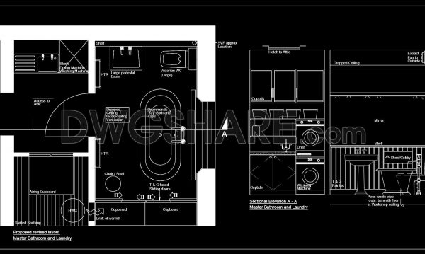 1 year ago
                

                
             1,318343. Free download of a detailed CAD design drawing of a master bathroom combined with a laundry area