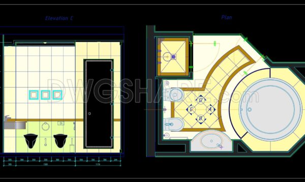344. Free download of CAD design drawings for a bathroom with floor plan and elevation view