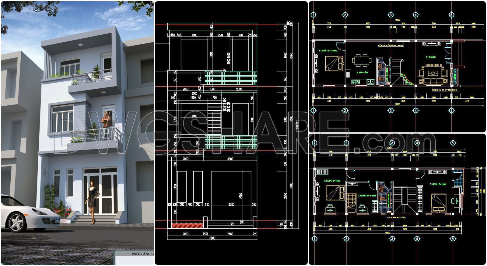 424. Free Download Cad Design Drawings For A 3-story House With Dimensions 5m X 18m (8)