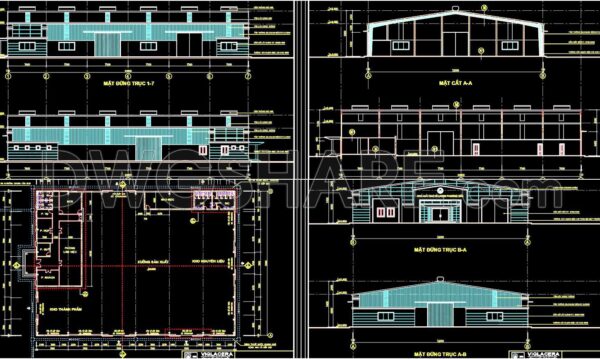 44. Download CAD design drawings for a packaging factory with an area of 32m x 44m