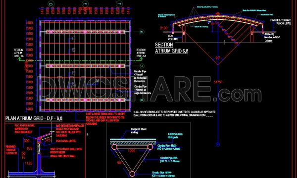 602. Free Download CAD File – Atrium Roof Grid Structure Details