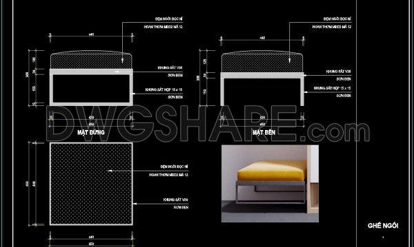 14. Free CAD Drawing of Modern Upholstered Stool with Steel Frame