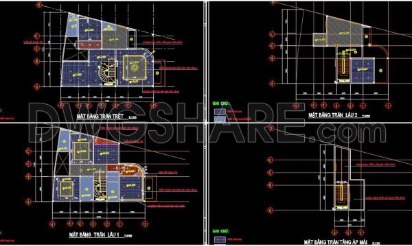 178. Free Download Detailed CAD drawings for the ceiling layout design of a 3-story townhouse