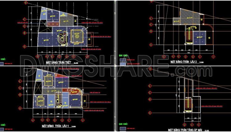 178. Free Download Detailed Cad Drawings For The Ceiling Layout Design Of A 3-story Townhouse