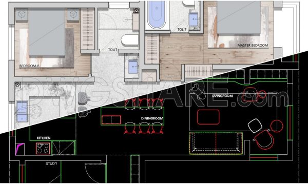 1 year ago
                

                
             2,309259. Functional floor plan CAD drawing of an apartment with an area of 100m2