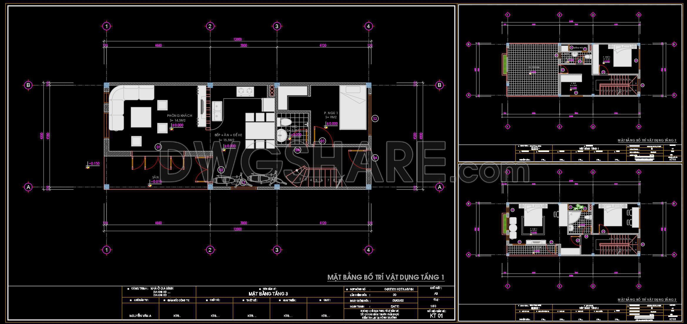 428. Free Download Cad Design Drawings For A 3-story House With Dimensions 4.8m X 12.4m