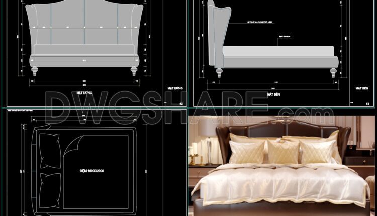 57. Free Download Neoclassical Bed Cad Drawing With Dimensions (2)